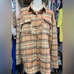 VOY Plaid Oversized Shacket Peach Cream Large Knit Shirt Jacket